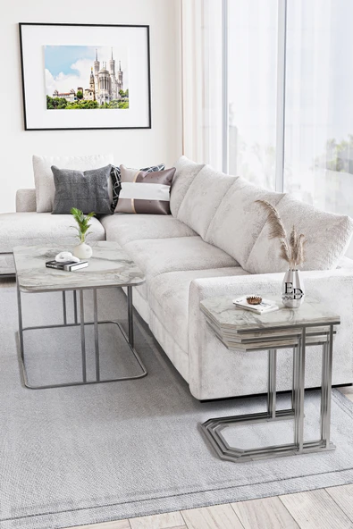 Zigon Sehpa , Lyon 3'lü C Zigon Sehpa Takımı , Gümüş Metal - Beyaz Mermer Tabla - Resim 4