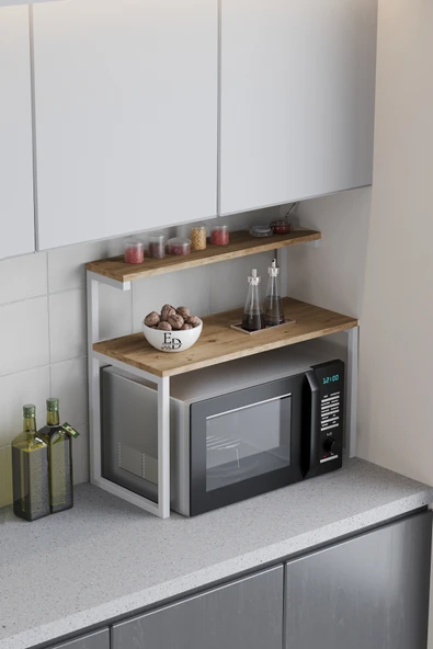 Akik 2 Raflı Metal Çok Amaçlı Mutfak Rafı / Tezgah Üstü Raf Beyaz Metal - Atlantik Çam Tabla - Resim 2