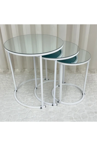 Zigon Sehpa , Paris 3'lü Camlı C Zigon Sehpa Takımı , Beyaz Metal - Şeffaf Cam ürün görseli