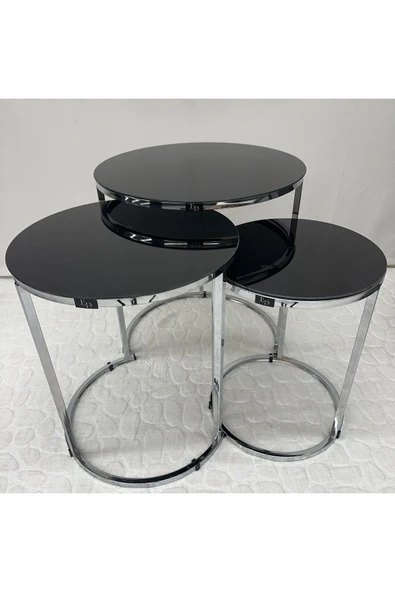 Zigon Sehpa , Paris 3'lü Camlı C Zigon Sehpa Takımı , Gümüş Metal - Siyah Cam - Resim 5