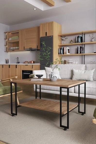 Orta Sehpa , Nury Tekerlekli Orta Sehpa Takımı , Siyah Metal - Atlantik Çam Tabla - Resim 2