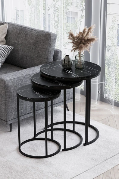 Zigon Sehpa , Paris 3'lü C Zigon Sehpa Takımı , Siyah Metal - Siyah Mermer Tabla ürün görseli