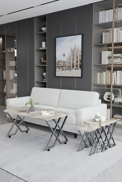 Zigon Sehpa , Milano 3'lü Zigon Sehpa Takımı , Gümüş Metal - Beyaz Mermer Tabla - Resim 2