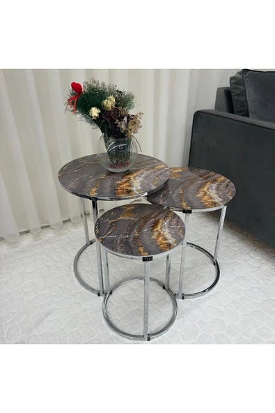 Zigon Sehpa , Paris 3'lü Camlı C Zigon Sehpa Takımı , Gümüş Metal - Cam-92 - Resim 2