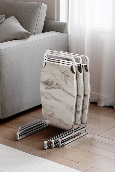 Zigon Sehpa , Miami 3'lü Zigon Sehpa Takımı , Gümüş Metal - Beyaz Mermer Tabla ürün görseli