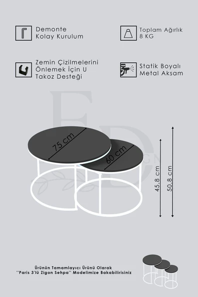 Orta Sehpa , Paris 2'li Orta Sehpa Takımı , Siyah Metal - Atlantik Çam Tabla - Resim 3