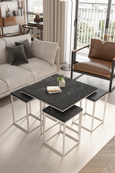 Orta Sehpa , Lizbon 4 1 , Kare Pizza Sehpa Takımı , Beyaz Metal - Siyah Mermer Tabla ürün görseli