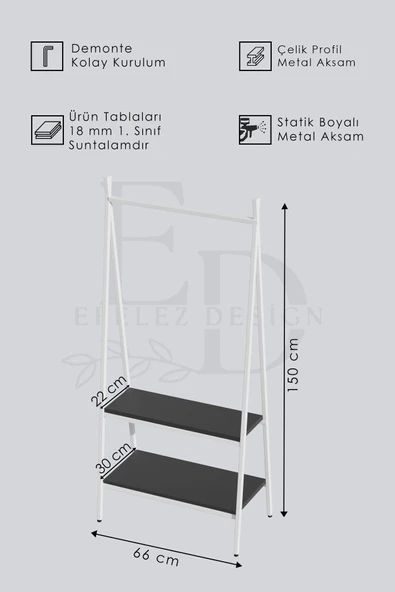 Jade Konfeksiyon Elbise Askılık , 2 Raflı Askılık , Beyaz Metal - Atlantik Çam Tabla - Resim 5