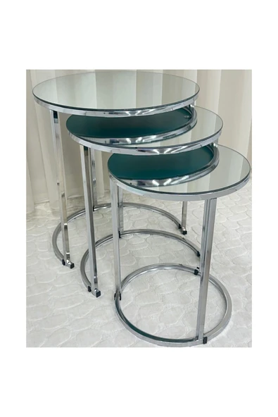 Zigon Sehpa , Paris 3'lü Camlı C Zigon Sehpa Takımı , Gümüş Metal - Aynalı Cam ürün görseli