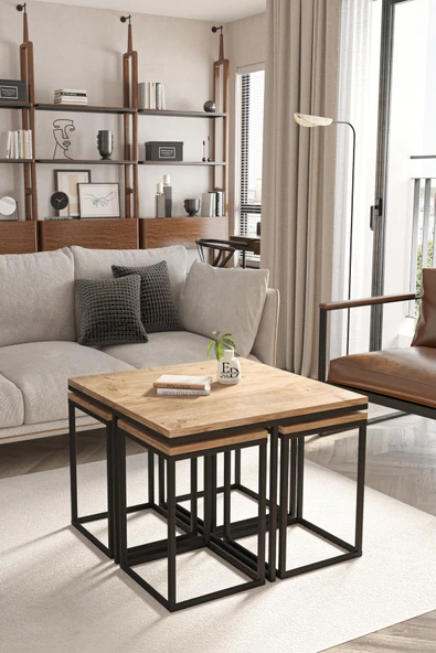 Orta Sehpa , Lizbon 4 1 , Kare Pizza Sehpa Takımı , Siyah Metal - Atlantik Çam Tabla - Resim 2