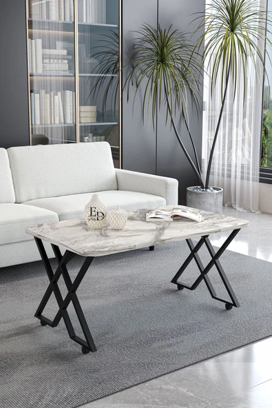 Orta Sehpa , Milano Tekerlekli Orta Sehpa , Siyah Metal - Beyaz Mermer Tabla ürün görseli