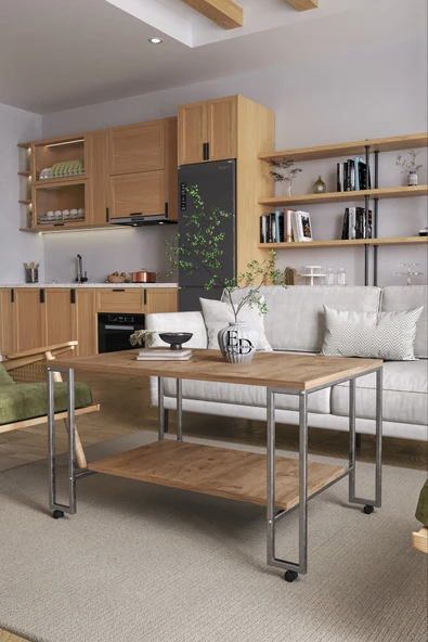 Orta Sehpa , Nury Tekerlekli Orta Sehpa Takımı , Gümüş Metal - Atlantik Çam Tabla - Resim 2