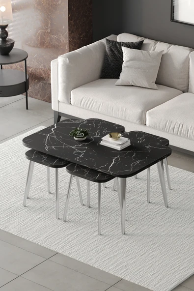 Zigon ve Orta Sehpa 5'li Takım , Metal Ayaklı , Roma 4+1 Sehpa , Gümüş Metal - Siyah Mermer Tabla ürün görseli