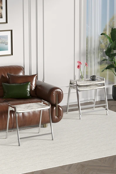 Zigon Sehpa , Aden 3'lü Tepsi Zigon Sehpa Takımı Gümüş Metal - Beyaz Mermer Tabla - Resim 4