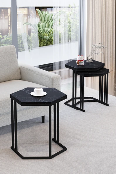 Zigon Sehpa , Tokyo 3'lü Zigon Takımı , Siyah Metal - Siyah Mermer Tabla - Resim 2