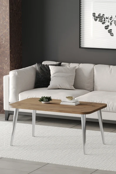 Orta Sehpa Metal Ayaklı , Roma Orta Sehpa , Gümüş Metal - Atlantik Çam Tabla - Resim 2