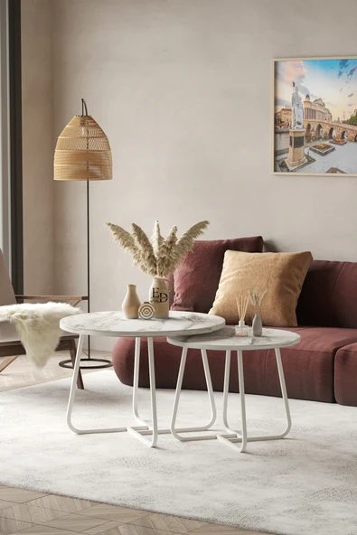 Orta Sehpa , Üsküp 2'li Orta Sehpa Takımı , Beyaz Metal - Beyaz Mermer Tabla - Resim 2