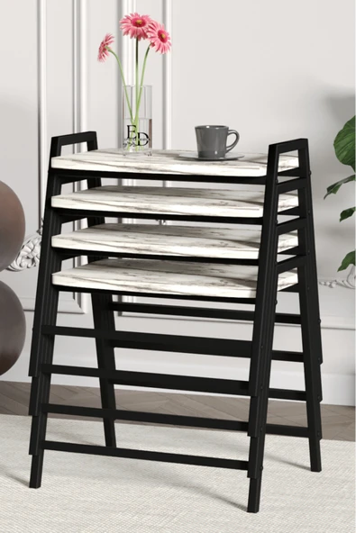 Zigon Sehpa , Aden 4'lü Tepsi Zigon Sehpa Takımı Siyah Metal - Beyaz Mermer Tabla ürün görseli