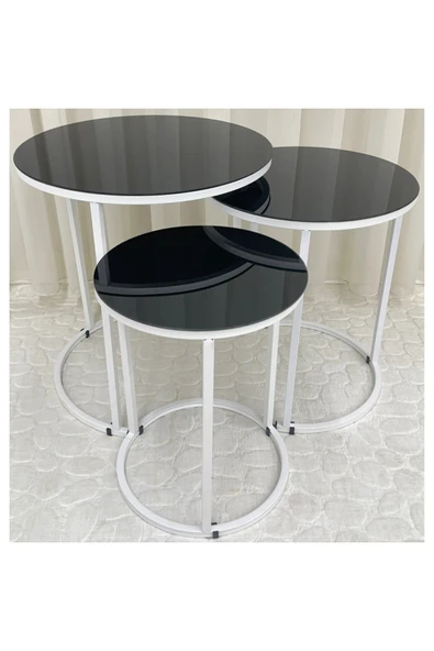 Zigon Sehpa , Paris 3'lü Camlı C Zigon Sehpa Takımı , Beyaz Metal - Siyah Cam - Resim 2