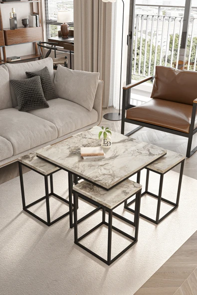 Orta Sehpa , Lizbon 4 1 , Kare Pizza Sehpa Takımı , Siyah Metal - Beyaz Mermer Tabla ürün görseli