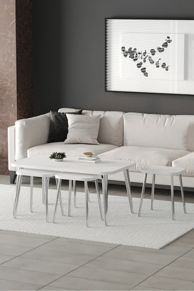 Zigon ve Orta Sehpa 5'li Takım , Metal Ayaklı , Roma 4+1 Sehpa , Gümüş Metal - Beyaz Tabla - Resim 2