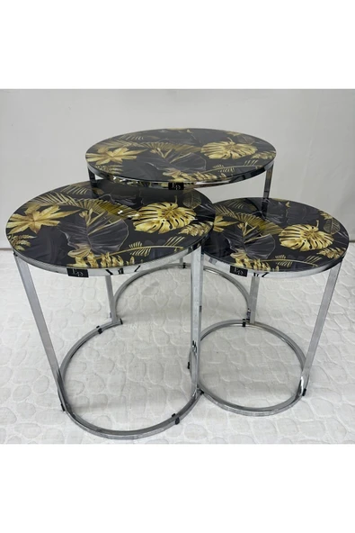 Zigon Sehpa , Paris 3'lü Camlı C Zigon Sehpa Takımı , Gümüş Metal - Cam 91 - Resim 3