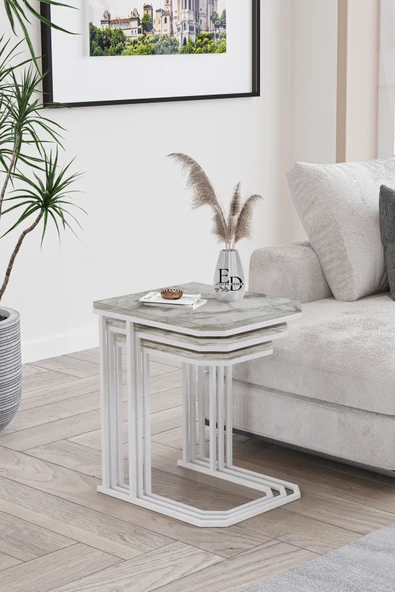 Zigon Sehpa , Lyon 3'lü C Zigon Sehpa Takımı , Beyaz Metal - Beyaz Mermer Tabla - Resim 3