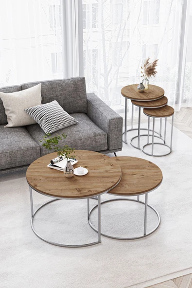 Orta Sehpa , Paris 2'li Orta Sehpa Takımı , Gümüş Metal - Atlantik Çam Tabla - Resim 2