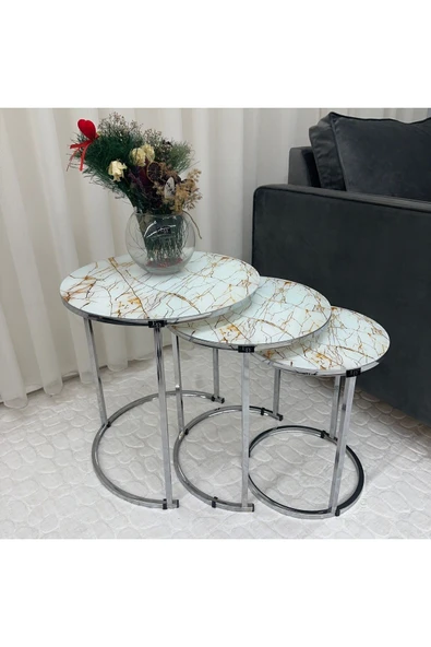 Zigon Sehpa , Paris 3'lü Camlı C Zigon Sehpa Takımı , Gümüş Metal - Cam-94 ürün görseli