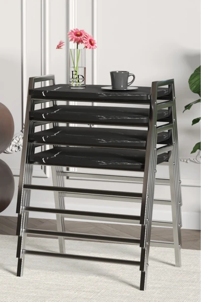 Zigon Sehpa , Aden 4'lü Tepsi Zigon Sehpa Takımı Gümüş Metal - Siyah Mermer Tabla ürün görseli