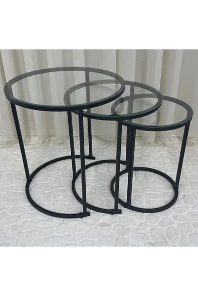 Zigon Sehpa , Paris 3'lü Camlı C Zigon Sehpa Takımı , Siyah Metal - Şeffaf Cam - Resim 3