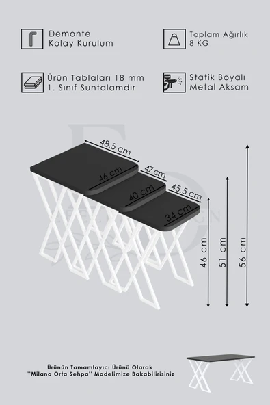 Zigon Sehpa , Milano 3'lü Zigon Sehpa Takımı , Gümüş Metal - Barok Tabla - Resim 3