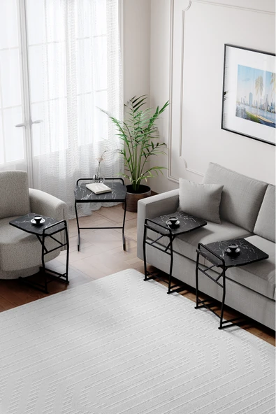 Zigon Sehpa , Miami 4'lü Zigon Sehpa Takımı , Siyah Metal - Siyah Mermer Tabla - Resim 2