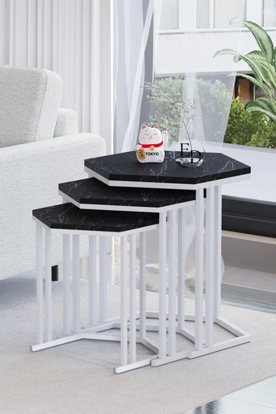 Zigon Sehpa , Tokyo 3'lü Zigon Takımı , Beyaz Metal - Siyah Mermer Tabla ürün görseli