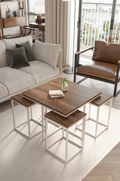 Orta Sehpa , Lizbon 4 1 , Kare Pizza Sehpa Takımı , Beyaz Metal - Barok Tabla ürün görseli