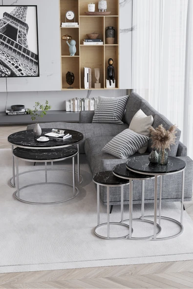 Zigon Sehpa , Paris 3'lü C Zigon Sehpa Takımı , Gümüş Metal - Siyah Mermer Tabla - Resim 2