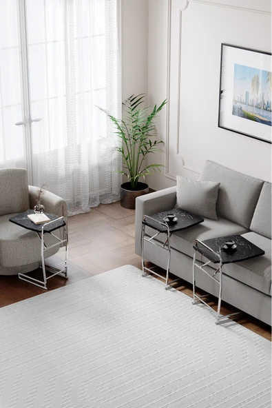 Zigon Sehpa , Miami 3'lü Zigon Sehpa Takımı , Gümüş Metal - Siyah Mermer Tabla - Resim 2