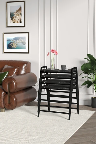 Zigon Sehpa , Aden 4'lü Tepsi Zigon Sehpa Takımı Siyah Metal - Siyah Mermer Tabla - Resim 3