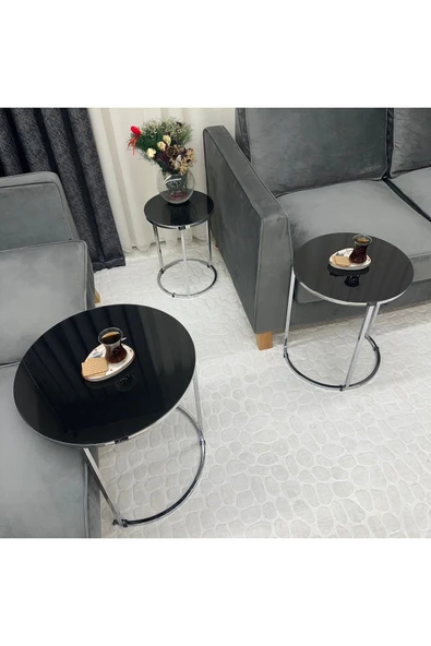 Zigon Sehpa , Paris 3'lü Camlı C Zigon Sehpa Takımı , Gümüş Metal - Siyah Cam - Resim 4