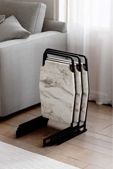 Zigon Sehpa , Miami 3'lü Zigon Sehpa Takımı , Siyah Metal - Beyaz Mermer Tabla ürün görseli