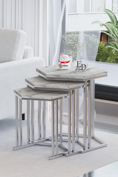 Zigon Sehpa , Tokyo 3'lü Zigon Takımı , Gümüş Metal - Beyaz Mermer Tabla ürün görseli