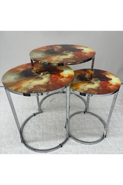 Zigon Sehpa , Paris 3'lü Camlı C Zigon Sehpa Takımı , Gümüş Metal - Cam-95 - Resim 4