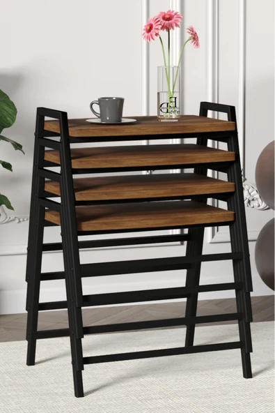 Zigon Sehpa , Aden 4'lü Tepsi Zigon Sehpa Takımı Siyah Metal - Barok Tabla - Resim 2