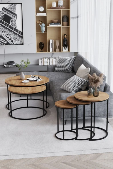 Zigon Sehpa , Paris 3'lü C Zigon Sehpa Takımı , Siyah Metal - Atlantik Çam Tabla - Resim 2