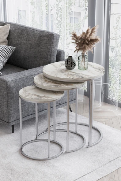 Zigon Sehpa , Paris 3'lü C Zigon Sehpa Takımı , Gümüş Metal - Beyaz Mermer Tabla ürün görseli