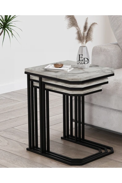 Zigon Sehpa , Lyon 3'lü C Zigon Sehpa Takımı , Siyah Metal - Beyaz Mermer Tabla ürün görseli