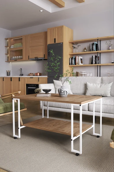 Orta Sehpa , Nury Tekerlekli Orta Sehpa Takımı , Beyaz Metal - Atlantik Çam Tabla - Resim 2