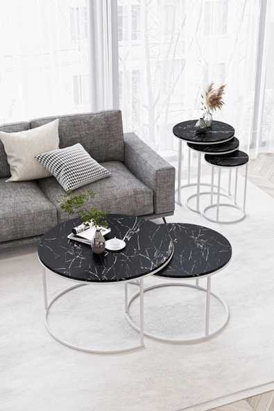 Orta Sehpa , Paris 2'li Orta Sehpa Takımı , Beyaz Metal - Siyah Mermer Tabla - Resim 2