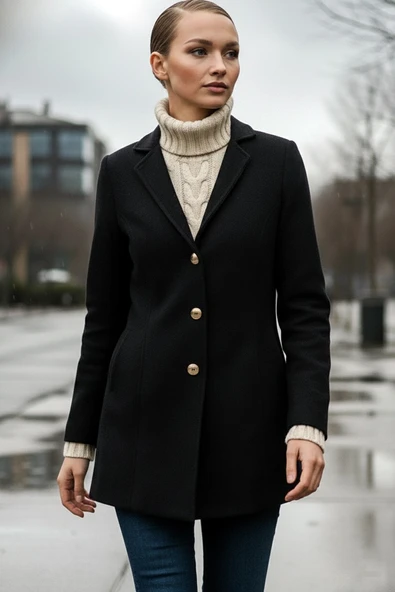 Tasarım Yaka Şık Kaşe Siyah Kaban ürün görseli 1