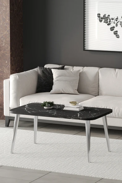 Orta Sehpa Metal Ayaklı , Roma Orta Sehpa , Gümüş Metal - Siyah Mermer Tabla - Resim 2